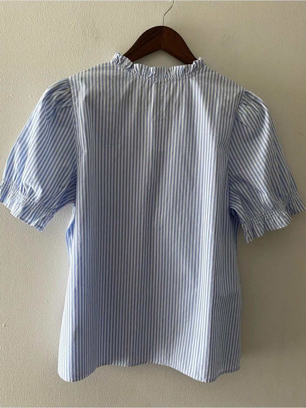 J. Crew Blue and White Striped Ruffle V-Neck Puff Sleeve Blouse